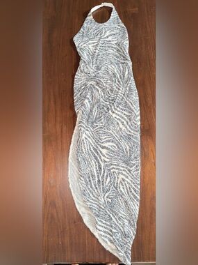 ITMFL Sequin Zebra-Print High-Slit Evening Dress - Silver- Size small